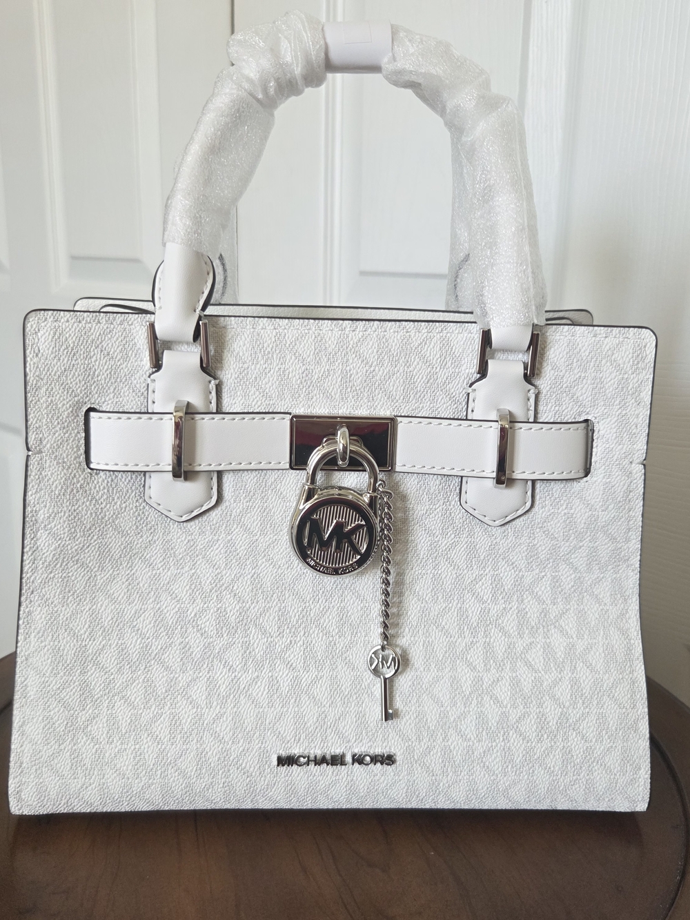 Michael Kors White Monogram Satchel with Silver Accents